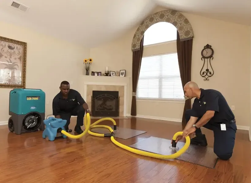Technicians running extraction wands across a soaked hardwood floor